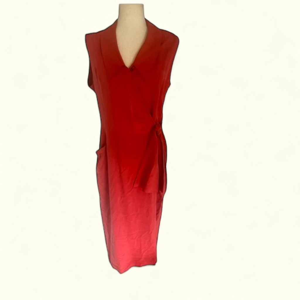 Wallis Coral Red Vintage Silk Tie Waist Midi Dress Size 12